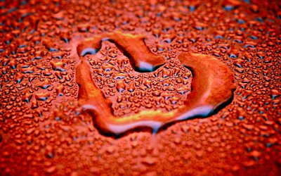 heart of water, 4k, water drops, love concepts, water heart, red background