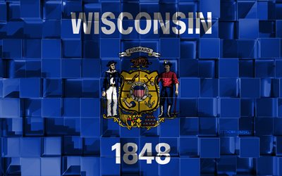 Bandera de Wisconsin, 3d de la bandera, de estado de EEUU, 3d cubos de textura, Banderas de los estados Americanos, arte 3d, Wisconsin, estados UNIDOS, de textura en 3d, Wisconsin bandera