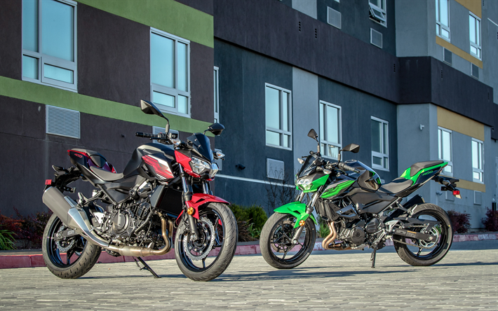 4k, Kawasaki Z400, parking, 2019 v&#233;los, deux moto, 2019 Kawasaki Z400, japonais de motos, Kawasaki