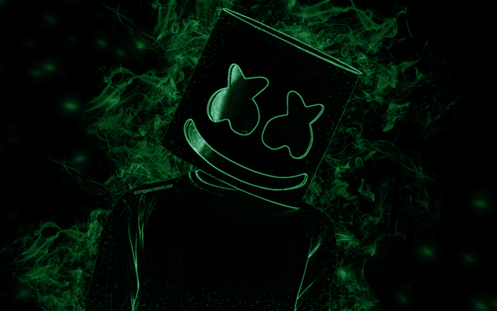 Marshmello, American DJ, arte creativo, humo verde silueta, fondo negro, estrella mundial, DJ Marshmello