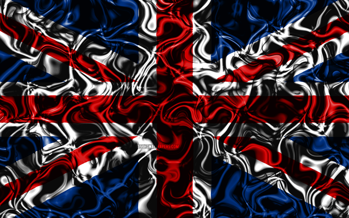 4k, 旗の英国, 抽象煙, ユニオンジャック, 欧州, 国立記号, 英国フラグ, 3Dアート, 英国旗3D, 創造, 欧州諸国, 英国