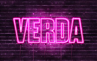 Verda, 4k, wallpapers with names, female names, Verda name, purple neon lights, Happy Birthday Verda, popular arabic female names, picture with Verda name
