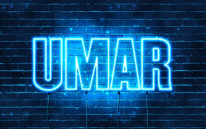 Umar, 4k, fonds d’&#233;cran avec des noms, nom Umar, n&#233;ons bleus, Joyeux anniversaire Umar, noms masculins arabes populaires, image avec le nom Umar