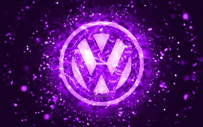volkswagen violettes logo, 4k, violette neonlichter, kreativer, violetter abstrakter hintergrund, volkswagen logo, automarken, volkswagen