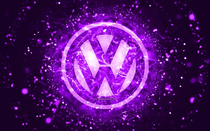 Volkswagen violett logotyp, 4k, violett neonljus, kreativ, violett abstrakt bakgrund, Volkswagen-logotyp, bilm&#228;rken, Volkswagen