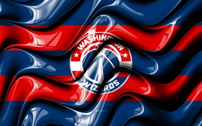 Washington Wizards bayrağı, 4k, mavi ve kırmızı 3D dalgalar, NBA, Amerikan basketbol takımı, Washington Wizards logosu, basketbol, Washington Wizards