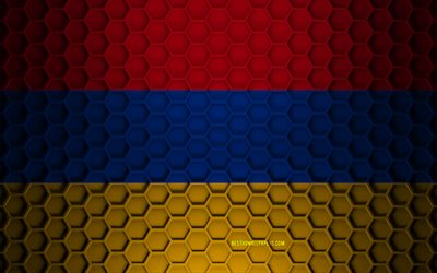 Armenien flagga, 3d hexagoner textur, Armenien, 3d textur, Armenien 3d flagga, metall textur, flagga Armenien