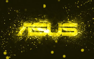 Asus yellow logo, 4k, yellow neon lights, creative, yellow abstract background, Asus logo, brands, Asus