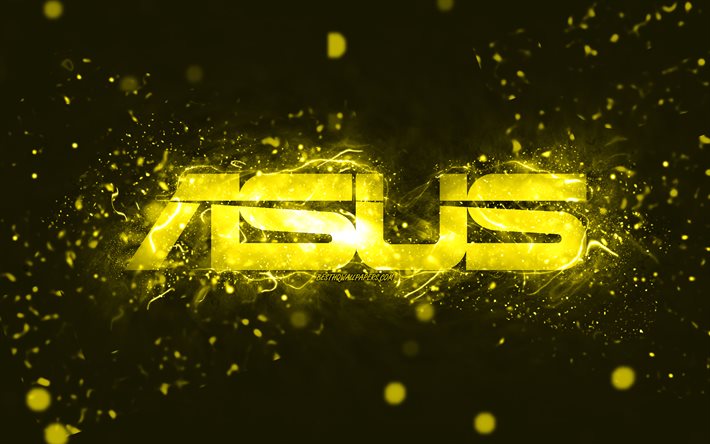 Asus sarı logo, 4k, sarı neon ışıklar, yaratıcı, sarı soyut arka plan, Asus logosu, markalar, Asus