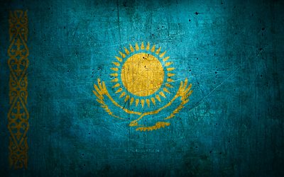 Kazakiska metallflagga, grungekonst, asiatiska l&#228;nder, Kazakstans dag, nationella symboler, Kazakstans flagga, metallflaggor, Asien, Kazakstanska flaggan, Kazakstan