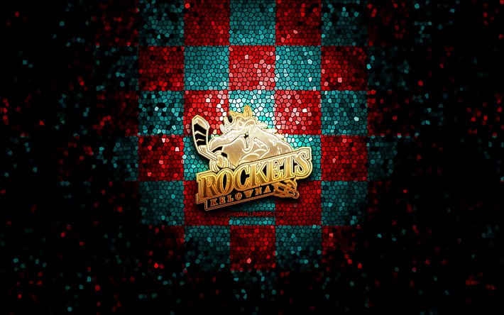 Kelowna Rockets, glitter logo, WHL, red blue checkered background, hockey, canadian hockey team, Kelowna Rockets logo, mosaic art, canadian hockey league