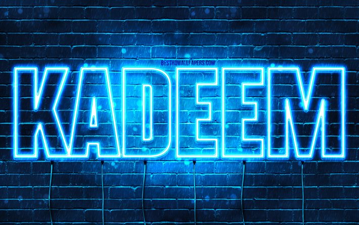 Kadeem, 4k, fonds d&#39;&#233;cran avec des noms, nom Kadeem, n&#233;ons bleus, joyeux anniversaire Kadeem, noms masculins arabes populaires, photo avec nom Kadeem