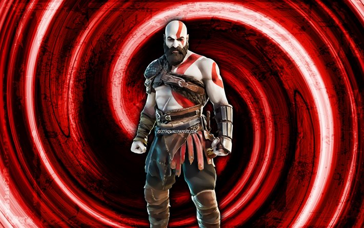 4k, Kratos, fond grunge rouge, Fortnite, vortex, personnages Fortnite, peau de Kratos, Fortnite Battle Royale, Kratos Fortnite