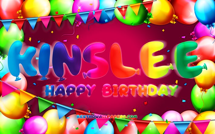 お誕生日おめでとうキンズリー, 4k, カラフルなバルーンフレーム, キンズリー名, 紫の背景, キンズリーお誕生日おめでとう, キンズリーの誕生日, 人気のアメリカ人女性の名前, 誕生日のコンセプト, キンズリー