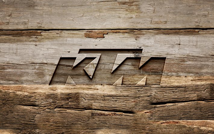 KTM wooden logo, 4K, wooden backgrounds, brands, KTM logo, creative, wood carving, KTM