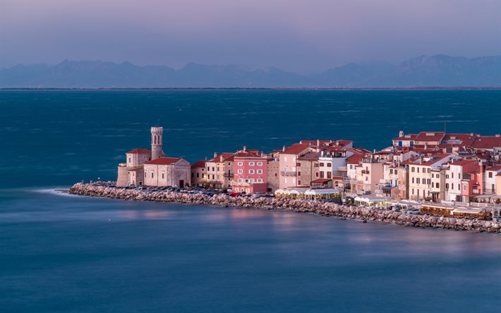 Piran, akşam, G&#252;n batımı, Adriyatik Denizi, sahil, Piran şehir, Slovenya