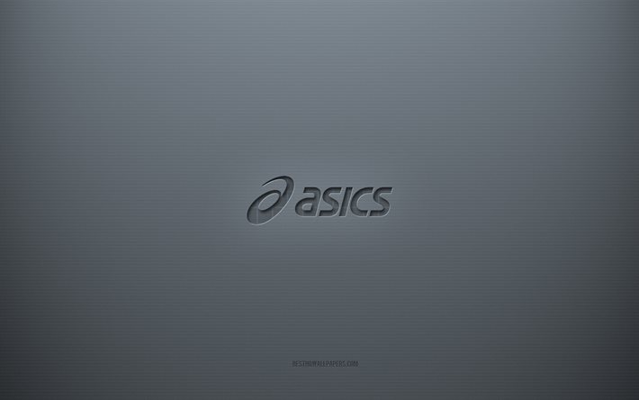 Logo Asics, sfondo grigio creativo, emblema Asics, trama di carta grigia, Asics, sfondo grigio, logo Asics 3d