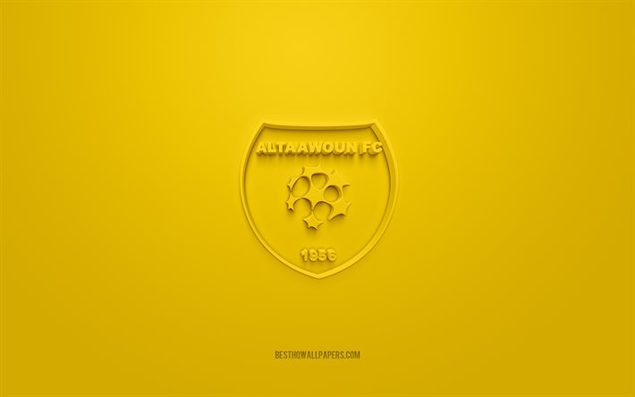 Al-Taawoun FC, yaratıcı 3D logo, sarı arka plan, SPL, Suudi Arabistan Futbol Kul&#252;b&#252;, Suudi Profesyonel Ligi, Buraidah, Suudi Arabistan, 3d sanat, futbol, Al-Taawoun FC 3d logo