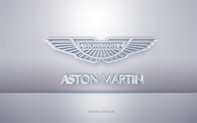Logotipo da Aston Martin 3D branco, fundo cinza, logotipo da Aston Martin, arte criativa em 3D, Aston Martin, emblema em 3D