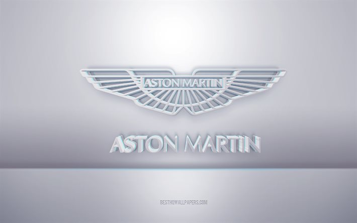 Logo blanc Aston Martin 3d, fond gris, logo Aston Martin, art 3d cr&#233;atif, Aston Martin, embl&#232;me 3d