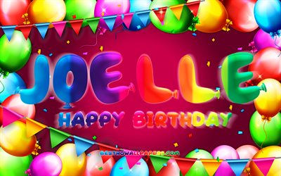 Happy Birthday Joelle, 4k, colorful balloon frame, Joelle name, purple background, Joelle Happy Birthday, Joelle Birthday, popular american female names, Birthday concept, Joelle