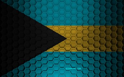 Drapeau des Bahamas, texture des hexagones 3d, Bahamas, texture 3d, drapeau des Bahamas 3d, texture en m&#233;tal, drapeau des Bahamas
