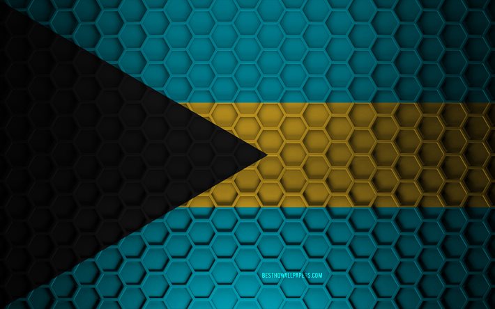 Bandeira das Bahamas, textura de hex&#225;gonos 3D, Bahamas, textura 3D, bandeira das Bahamas 3D, textura de metal, bandeira das Bahamas