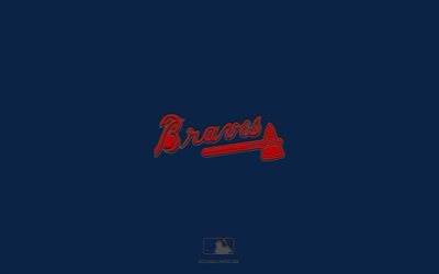 Atlanta Braves, fond bleu, &#233;quipe de baseball am&#233;ricaine, embl&#232;me d&#39;Atlanta Braves, MLB, Atlanta, &#201;tats-Unis, baseball, logo Atlanta Braves