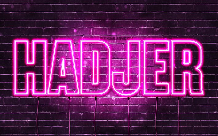 Hadjer, 4k, fonds d&#39;&#233;cran avec des noms, noms f&#233;minins, nom Hadjer, n&#233;ons violets, joyeux anniversaire Hadjer, noms f&#233;minins arabes populaires, photo avec nom Hadjer