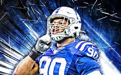 4k, Grover Stewart, grunge art, Indianapolis Colts, american football, NFL, defensive tackle, blue abstract rays, Grover Stewart 4K, Grover Stewart Indianapolis Colts