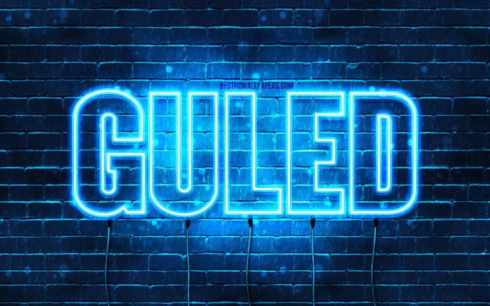 Guled, 4k, fonds d&#39;&#233;cran avec des noms, nom Guled, n&#233;ons bleus, joyeux anniversaire Guled, noms masculins arabes populaires, photo avec nom Guled