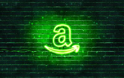 Amazon yeşil logosu, 4k, yeşil neon ışıkları, yaratıcı, yeşil soyut arka plan, Amazon logosu, markalar, Amazon