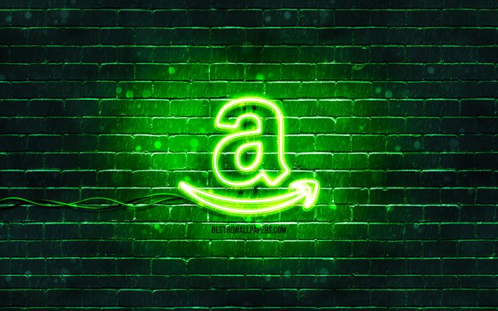 Amazon green logo, 4k, green neon lights, creative, green abstract background, Amazon logo, brands, Amazon
