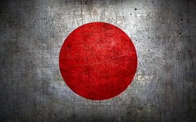 Japansk metallflagga, grungekonst, asiatiska l&#228;nder, Japans dag, nationella symboler, Japans flagga, metallflaggor, Asien, Japansk flagga, Japan