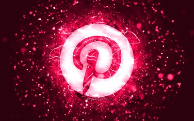 Pinterest vaaleanpunainen logo, 4k, vaaleanpunaiset neonvalot, luova, vaaleanpunainen abstrakti tausta, Pinterest logo, sosiaalinen verkosto, Pinterest