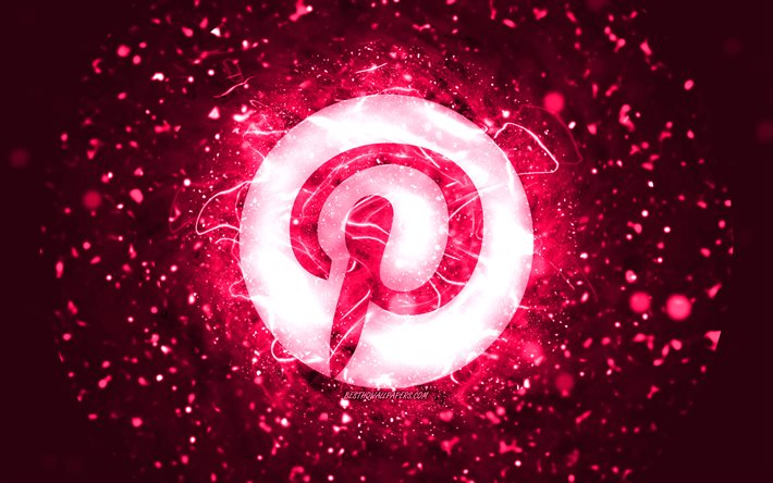 Pinterest pink logo, 4k, pink neon lights, creative, pink abstract background, Pinterest logo, social network, Pinterest