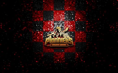 Pionniers Chamonix Mont-Blanc, glitter logo, Ligue Magnus, red black checkered background, hockey, french hockey team, Pionniers Chamonix Mont-Blanc logo, mosaic art, french hockey league, France