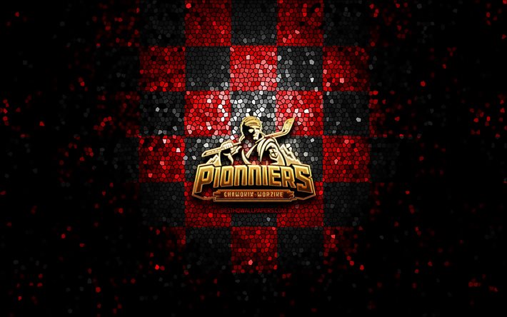 Pionniers Chamonix Mont-Blanc, glitter logo, Ligue Magnus, red black checkered background, hockey, french hockey team, Pionniers Chamonix Mont-Blanc logo, mosaic art, french hockey league, France