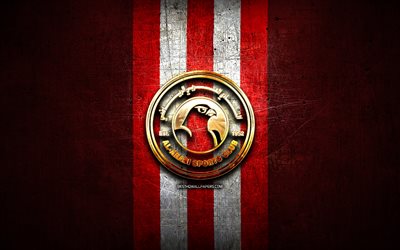 Al-Arabi FC, golden logo, QSL, red metal background, football, qatari football club, Al-Arabi SC logo, soccer, Al-Arabi SC