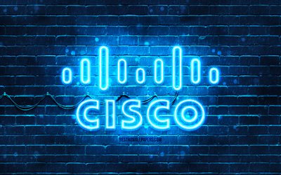 Logo bleu Cisco, 4k, mur de briques bleu, logo Cisco, marques, logo n&#233;on Cisco, Cisco