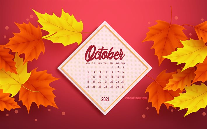 Calendrier d&#39;octobre 2021, 4k, fond violet avec des feuilles d&#39;automne, calendrier d&#39;octobre 2021, fond d&#39;automne, octobre, feuilles d&#39;automne 3d