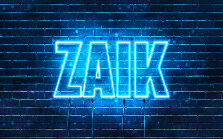 Zaik, 4k, fonds d&#39;&#233;cran avec des noms, nom Zaik, n&#233;ons bleus, joyeux anniversaire Zaik, noms masculins arabes populaires, photo avec nom Zaik