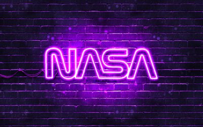 NASA violet logo, 4k, violet brickwall, NASA logo, fashion brands, NASA neon logo, NASA
