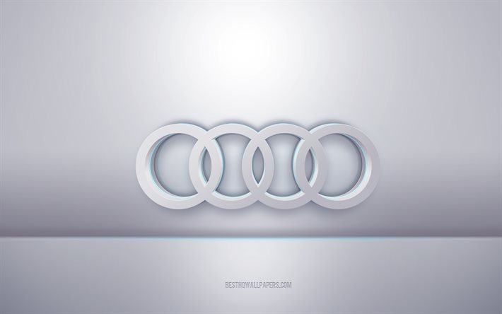 Logo bianco 3d Audi, sfondo grigio, logo Audi, arte creativa 3d, Audi, emblema 3d