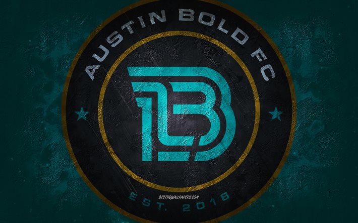 Austin Bold FC, time de futebol americano, fundo turquesa, logotipo do Austin Bold FC, arte grunge, USL, futebol, emblema do Austin Bold FC