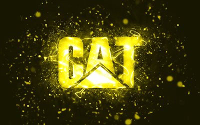 Caterpillar yellow logo, 4k, CaT, yellow neon lights, creative, yellow abstract background, Caterpillar logo, CaT logo, brands, Caterpillar