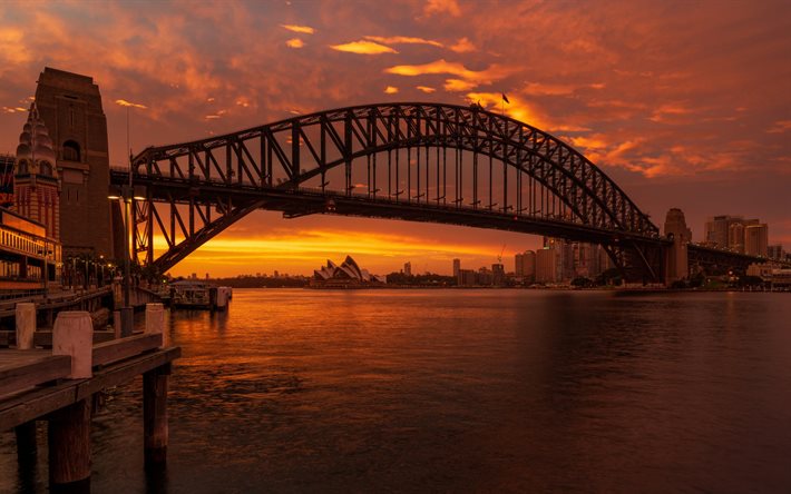 Sydney, kv&#228;ll, solnedg&#229;ng, Sydney Harbour Bridge, Port Jackson Bay, Sydney stadsbild, Australien