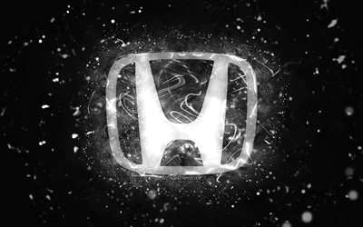 Honda white logo, 4k, white neon lights, creative, black abstract background, Honda logo, cars brands, Honda