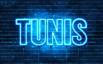 Tunis, 4k, wallpapers with names, Tunis name, blue neon lights, Happy Birthday Tunis, popular arabic male names, picture with Tunis name