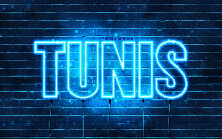 Tunis, 4k, fonds d&#39;&#233;cran avec des noms, nom de Tunis, n&#233;ons bleus, joyeux anniversaire Tunis, noms masculins arabes populaires, photo avec nom de Tunis
